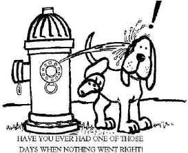 Cartoon picture of a fire hydrant peeing on a dog.
